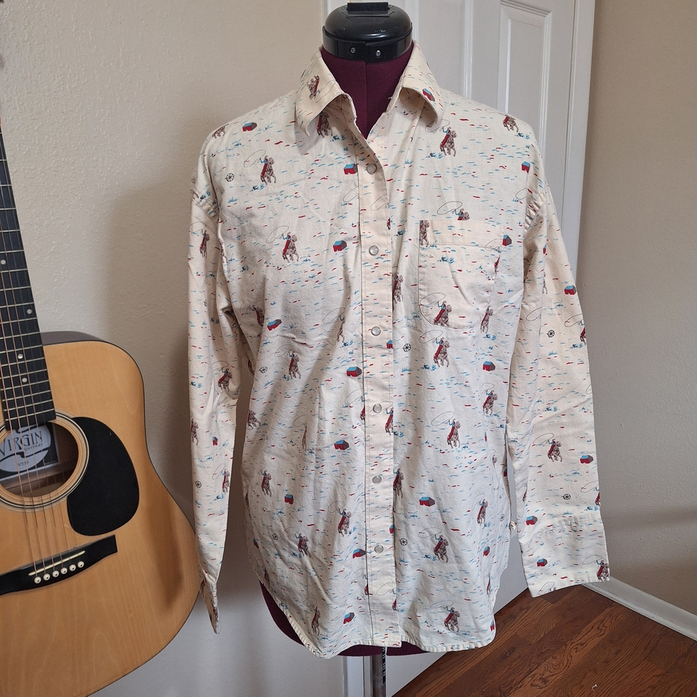 Vintage Jitterbug Ranch pearl snap shirt with cowboy print size medium
